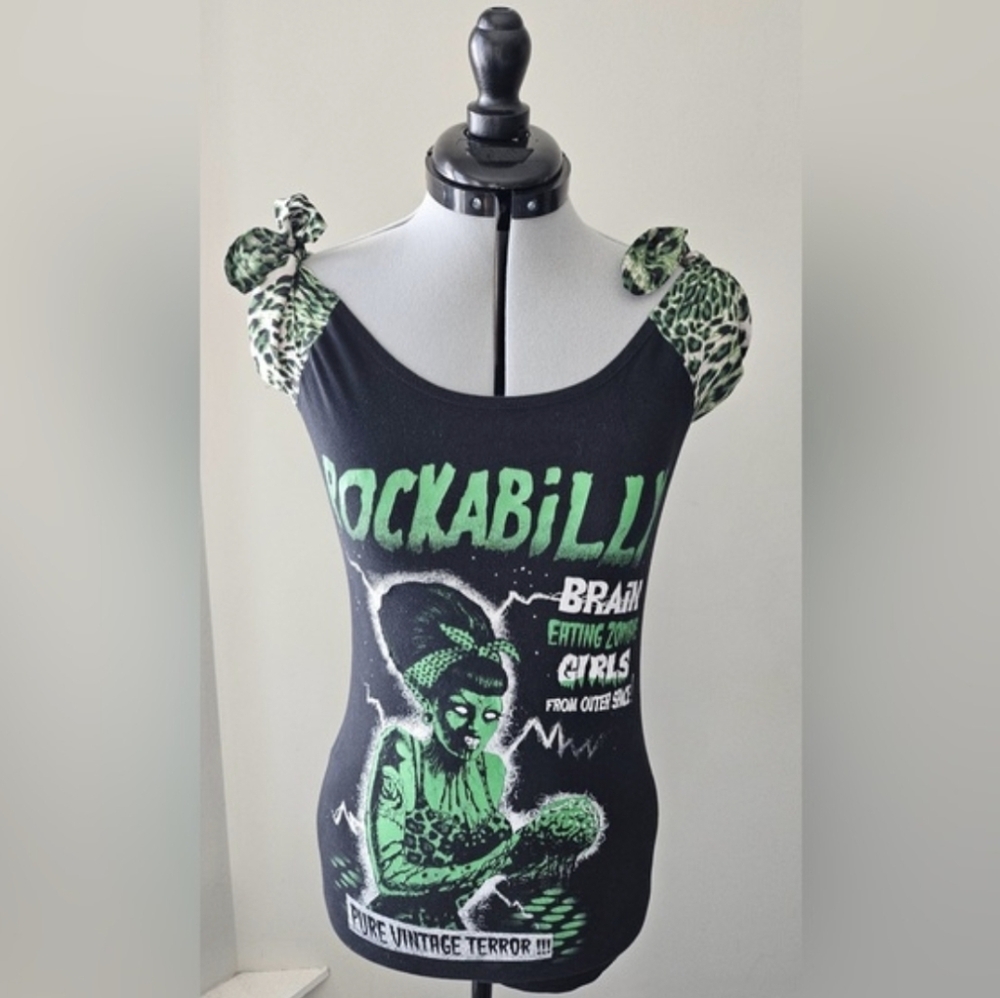 Too Fast Rockabilly Zombie, Leopard Print Tie Sleeve Top Size S